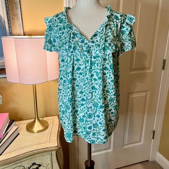 NWOT Draper James Flutter Sleeve Top Blouse Shirt Woodblock Green Floral MEDIUM - Picture 4 of 9